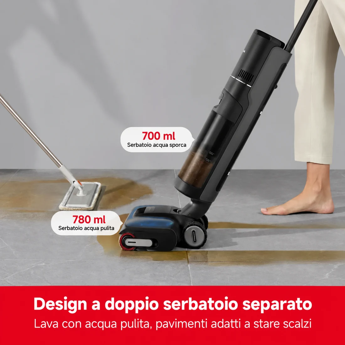 Due serbatoi separati: acqua pulita 780 ml e acqua sporca 700 ml